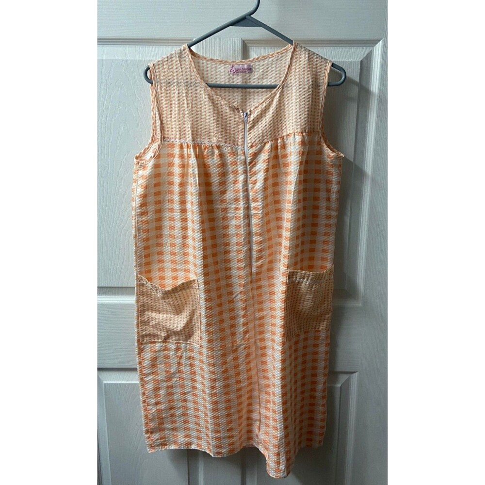 Lati Fashion Housecoat M Orange & White Gingham House Dress Zips Down Front